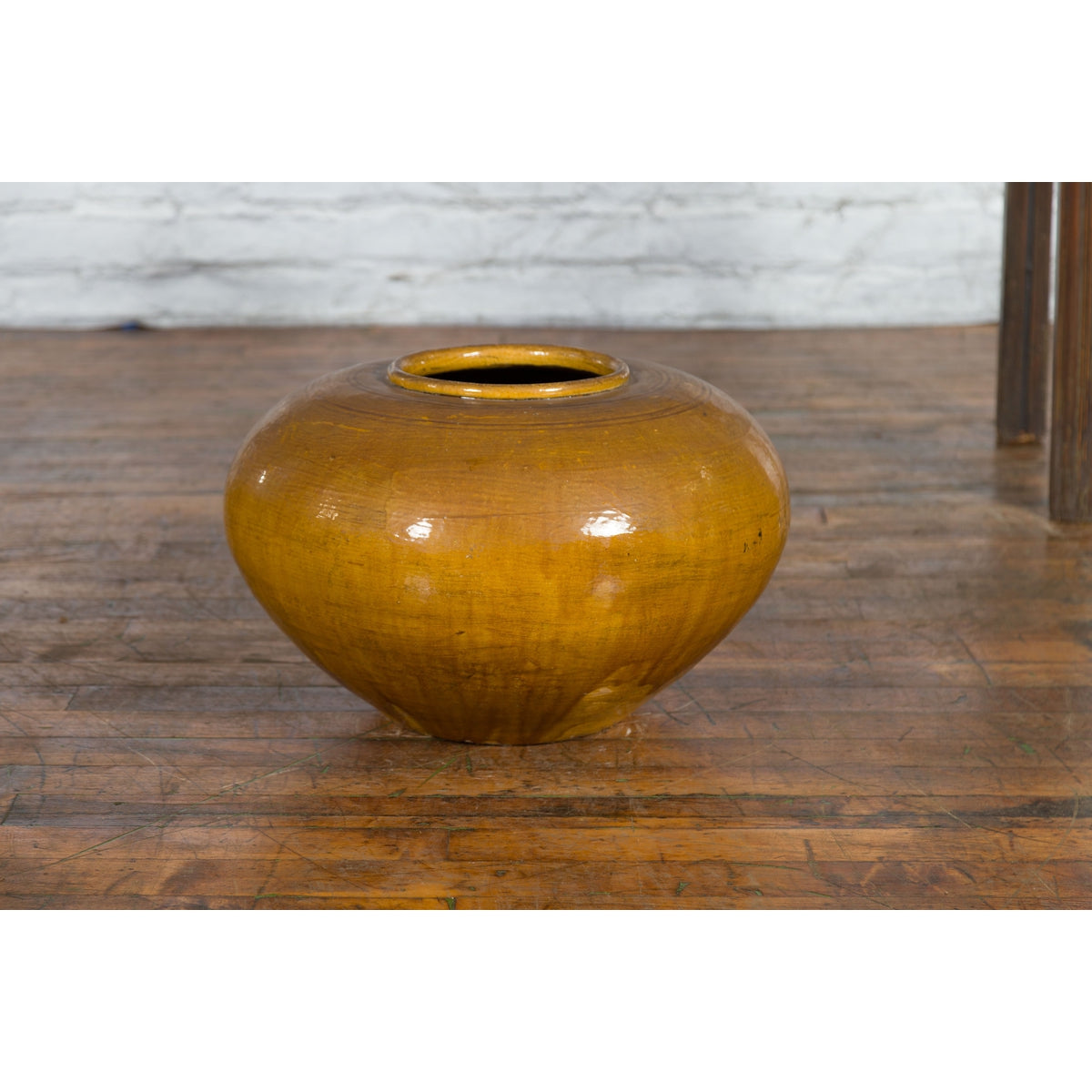 Chinese Vintage Porcelain Low Squat Planter with Yellow Mustard Glaze-11. Asian & Chinese Furniture, Art, Antiques, Vintage Home Décor for sale at FEA Home