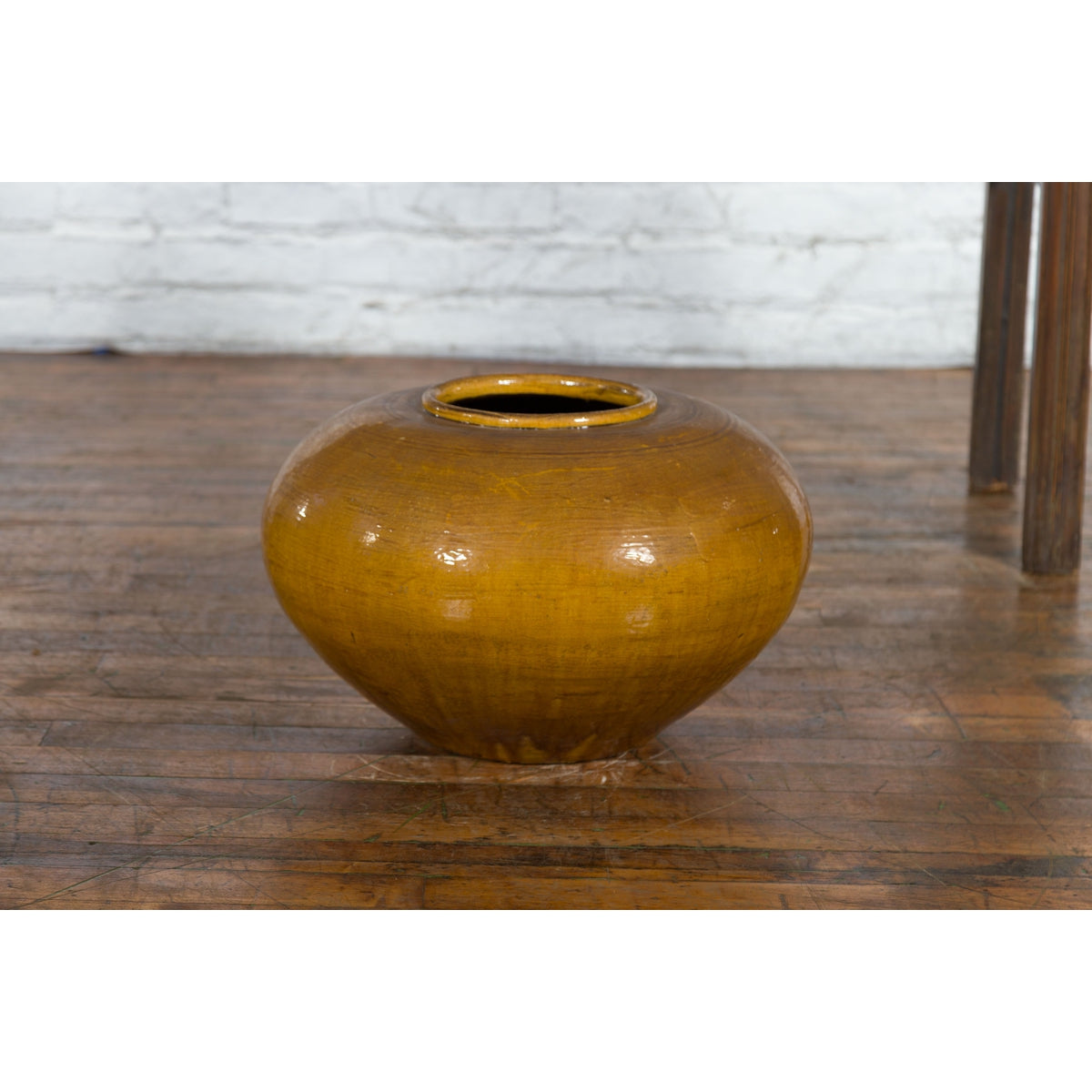 Chinese Vintage Porcelain Low Squat Planter with Yellow Mustard Glaze-12. Asian & Chinese Furniture, Art, Antiques, Vintage Home Décor for sale at FEA Home