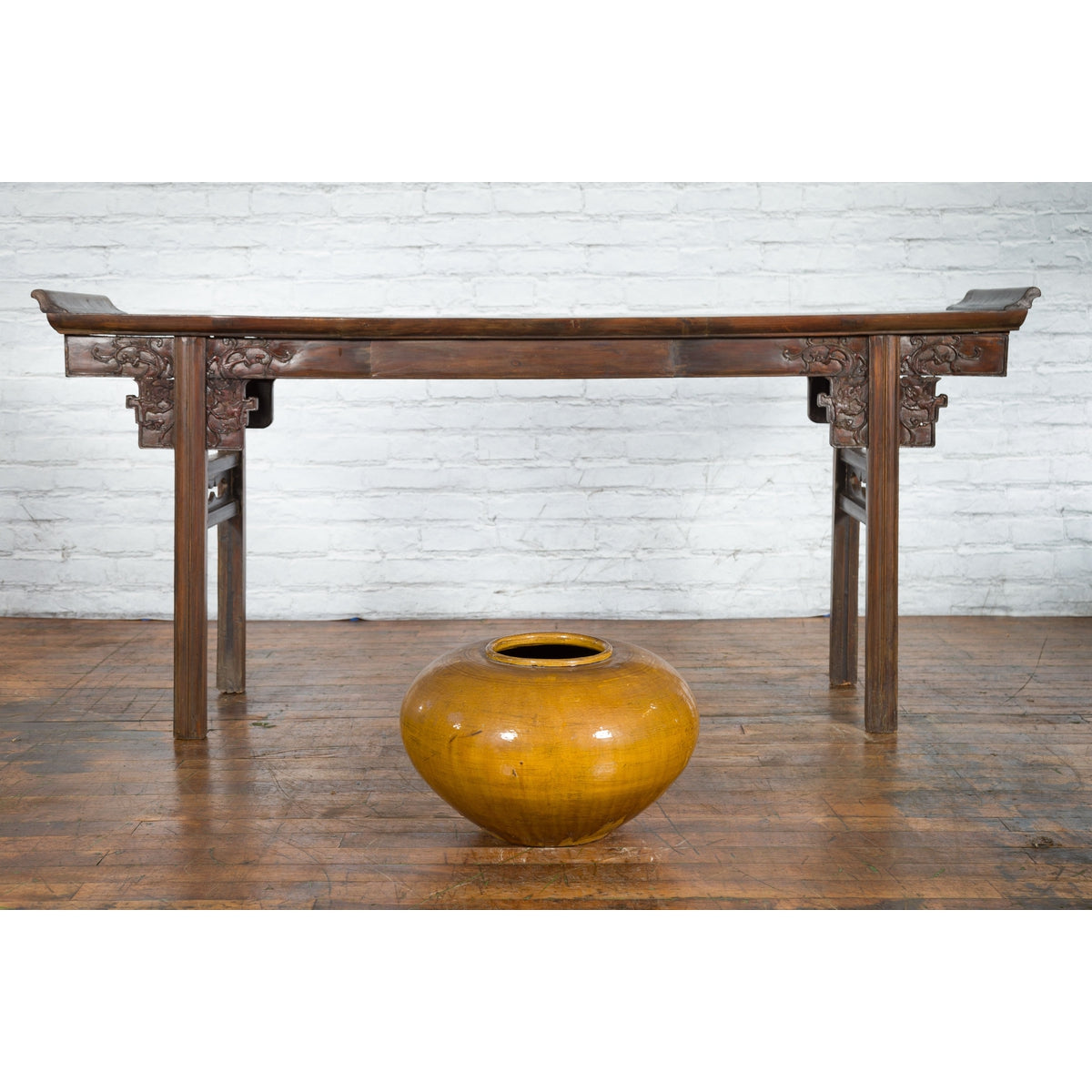 Chinese Vintage Porcelain Low Squat Planter with Yellow Mustard Glaze-2. Asian & Chinese Furniture, Art, Antiques, Vintage Home Décor for sale at FEA Home