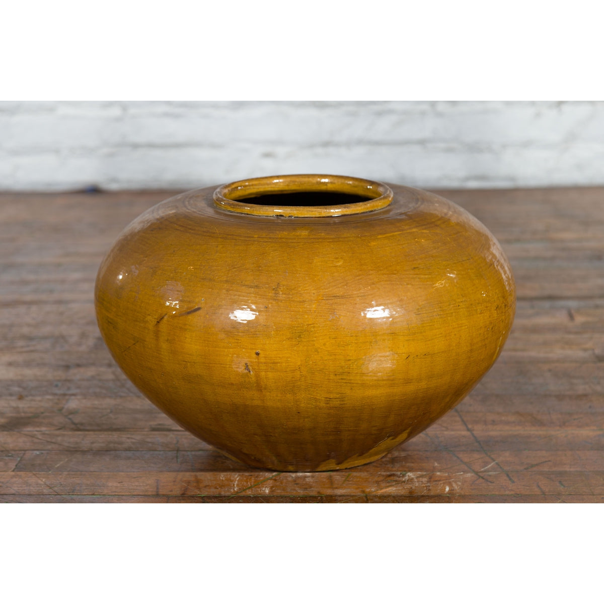 Chinese Vintage Porcelain Low Squat Planter with Yellow Mustard Glaze-4. Asian & Chinese Furniture, Art, Antiques, Vintage Home Décor for sale at FEA Home