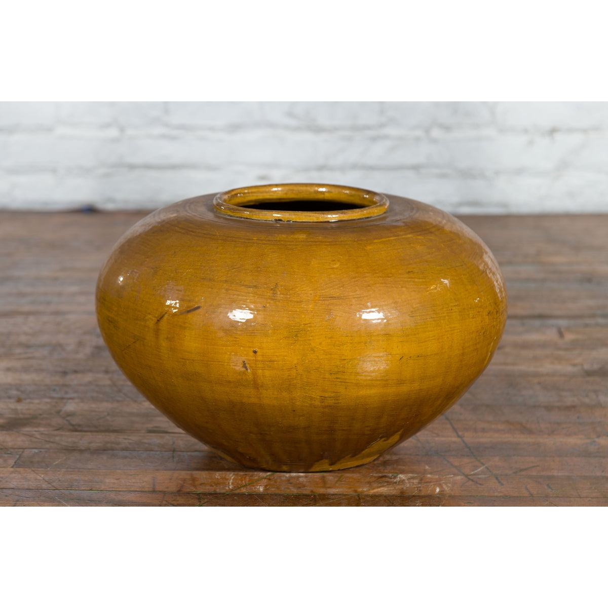 Chinese Vintage Porcelain Low Squat Planter with Yellow Mustard Glaze-5. Asian & Chinese Furniture, Art, Antiques, Vintage Home Décor for sale at FEA Home