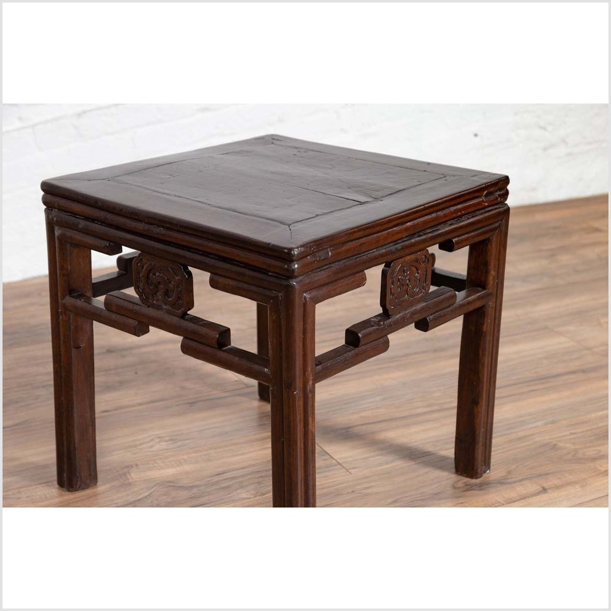 Chinese Vintage Qing Style Side Table with Dark Patina and Carved Medallions-YN6132-10. Asian & Chinese Furniture, Art, Antiques, Vintage Home Décor for sale at FEA Home