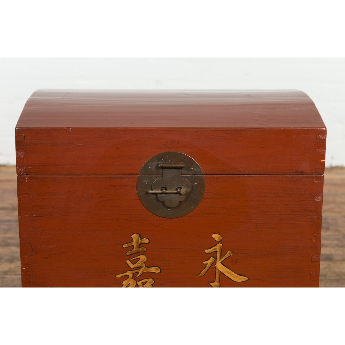 Chinese Vintage Red Lacquer Wedding Chest with Gilded Calligraphy and Drawer-3. Asian & Chinese Furniture, Art, Antiques, Vintage Home Décor for sale at FEA Home