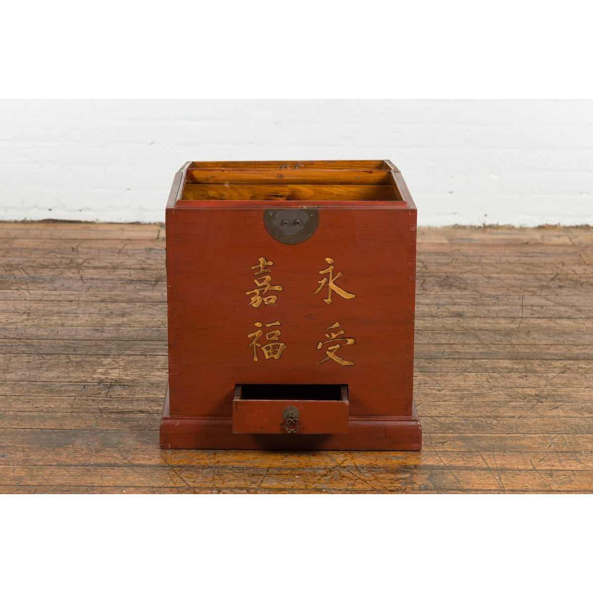 Chinese Vintage Red Lacquer Wedding Chest with Gilded Calligraphy and Drawer-9. Asian & Chinese Furniture, Art, Antiques, Vintage Home Décor for sale at FEA Home