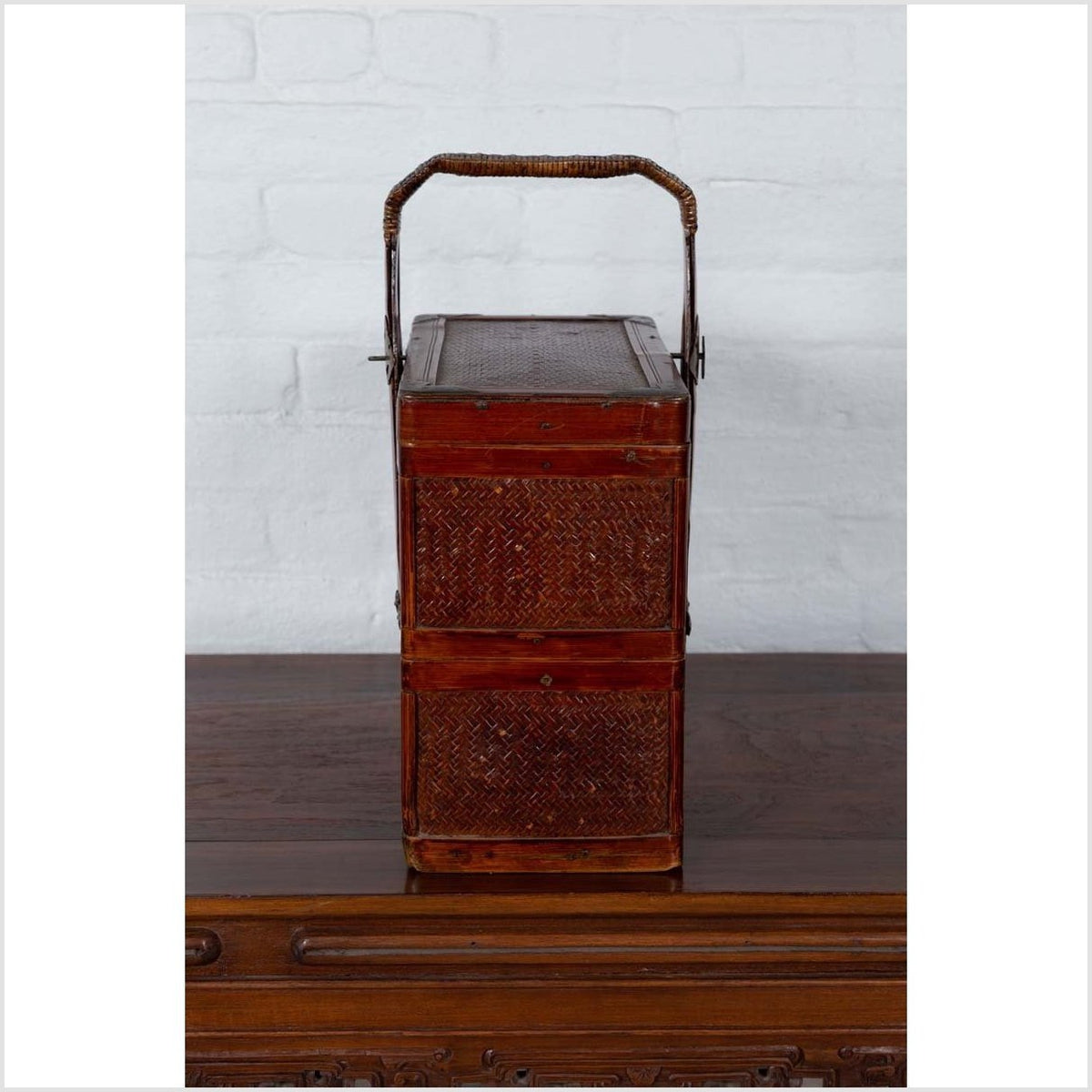 Chinese Vintage Tiered Rattan Picnic Basket with Large Handle and Metal Accents-9. Asian & Chinese Furniture, Art, Antiques, Vintage Home Décor for sale at FEA Home