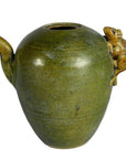 Green glazed ceramic Chinese water dropper with spout and brown mouse on side near opening, top missing, close-up.