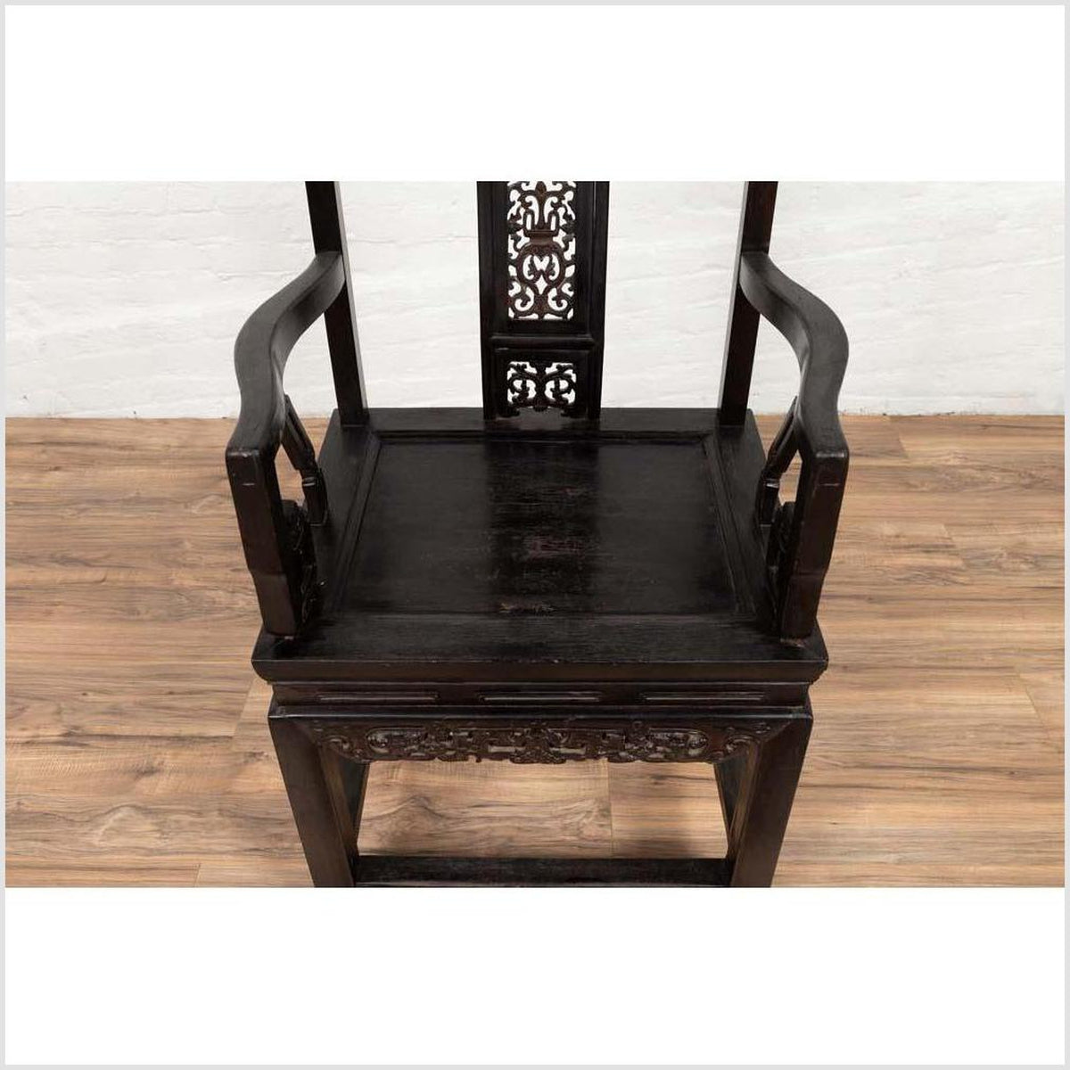 Chinese Wedding Chair with Curvy Pierced Splat, Serpentine Arms and Dark Patina-11. Asian & Chinese Furniture, Art, Antiques, Vintage Home Décor for sale at FEA Home