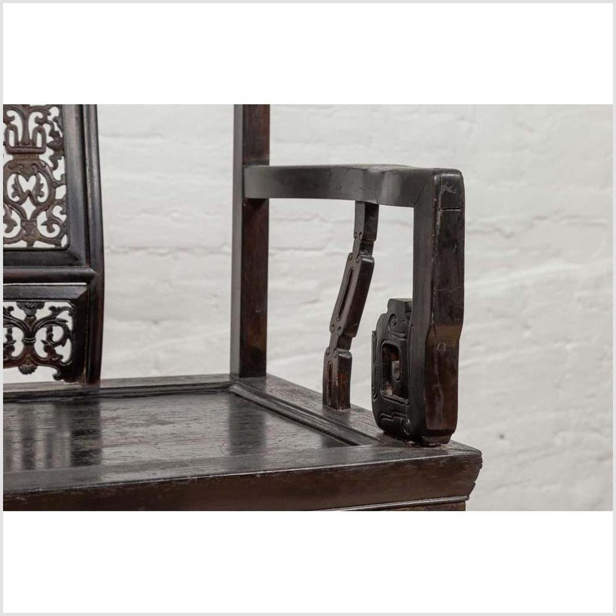Chinese Wedding Chair with Curvy Pierced Splat, Serpentine Arms and Dark Patina-13. Asian & Chinese Furniture, Art, Antiques, Vintage Home Décor for sale at FEA Home