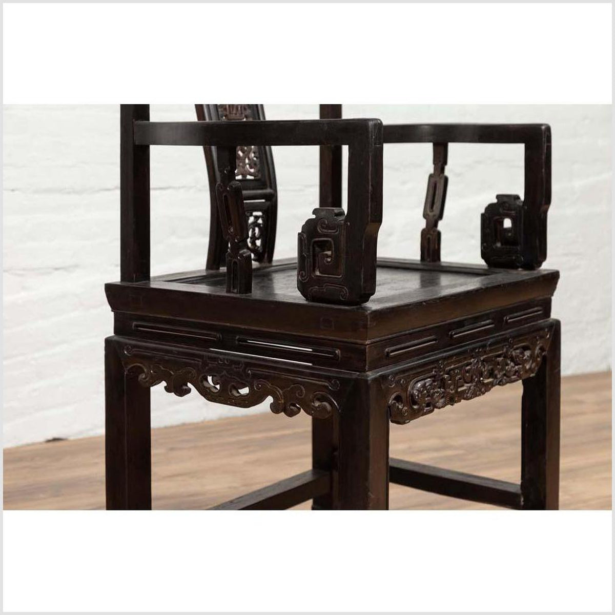 Chinese Wedding Chair with Curvy Pierced Splat, Serpentine Arms and Dark Patina-16. Asian & Chinese Furniture, Art, Antiques, Vintage Home Décor for sale at FEA Home