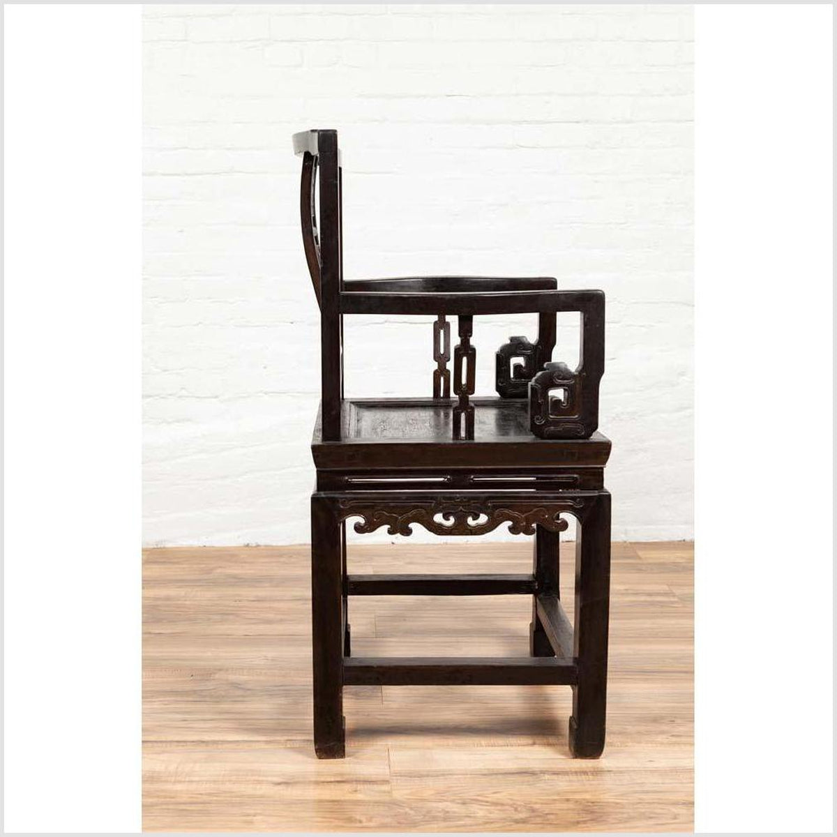Chinese Wedding Chair with Curvy Pierced Splat, Serpentine Arms and Dark Patina-17. Asian & Chinese Furniture, Art, Antiques, Vintage Home Décor for sale at FEA Home