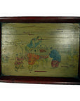 Yellow wooden tray, hand-painted with children, used condition, close-up.
