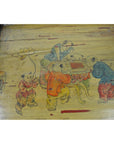 Brown wooden tray with hand-painted scene of children playing, one child holding a lotus flower, decorative detail.