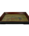 Red and black Chinese wooden tray with hand-painted figures and animals, used condition, close-up view.
