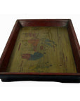 Close-up of Chinese wooden tray with red edges, yellowish base, and faded hand-painted figures, used condition.