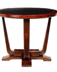 Dark Chinese Elmwood circular side table with angled legs, Art Deco style, close-up.
