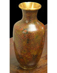 Brown and gold cloisonné vase with floral pattern on a wooden surface, handcrafted, tall.