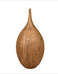 Mustard yellow and brown ceramic vase with textured surface and tapered spout, on plain background.
