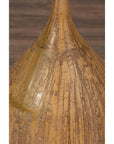 Close-up of mustard ceramic vase with vertical texture and tapered spout, handmade in Thai style.