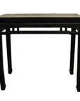 Dark stained wood altar table with straight legs and open friezes, set against a plain white background.