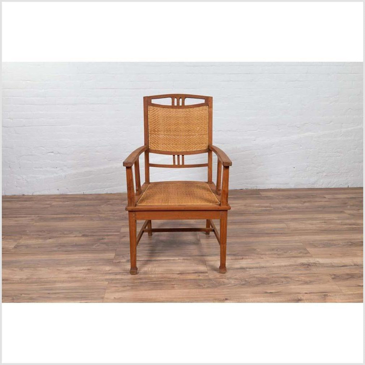Dutch Colonial Javanese Teak Armchair with Rattan and Triglyph Inspired Motifs-11. Asian & Chinese Furniture, Art, Antiques, Vintage Home Décor for sale at FEA Home