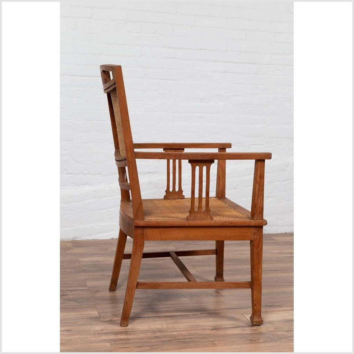 Dutch Colonial Javanese Teak Armchair with Rattan and Triglyph Inspired Motifs-12. Asian & Chinese Furniture, Art, Antiques, Vintage Home Décor for sale at FEA Home