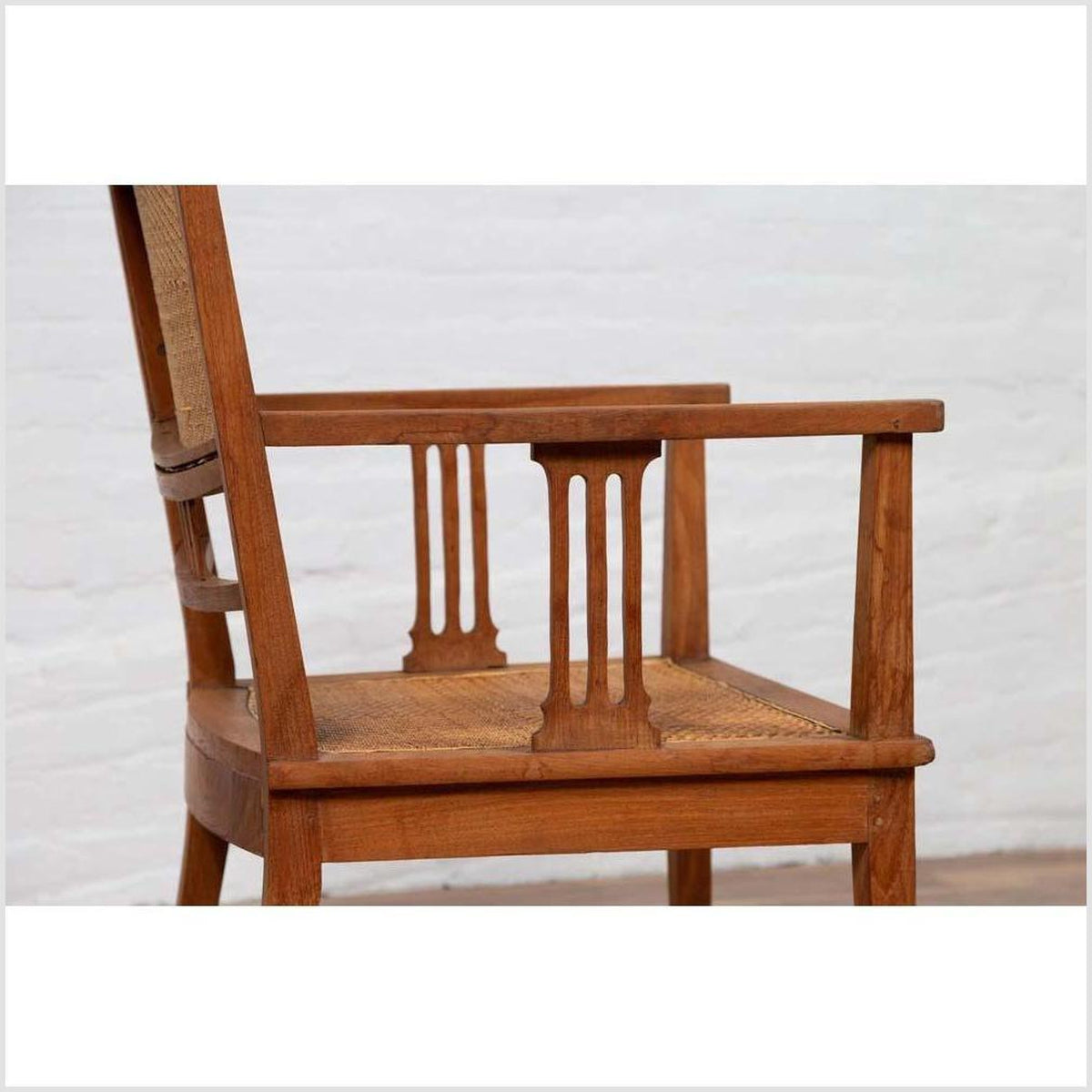 Dutch Colonial Javanese Teak Armchair with Rattan and Triglyph Inspired Motifs-13. Asian & Chinese Furniture, Art, Antiques, Vintage Home Décor for sale at FEA Home