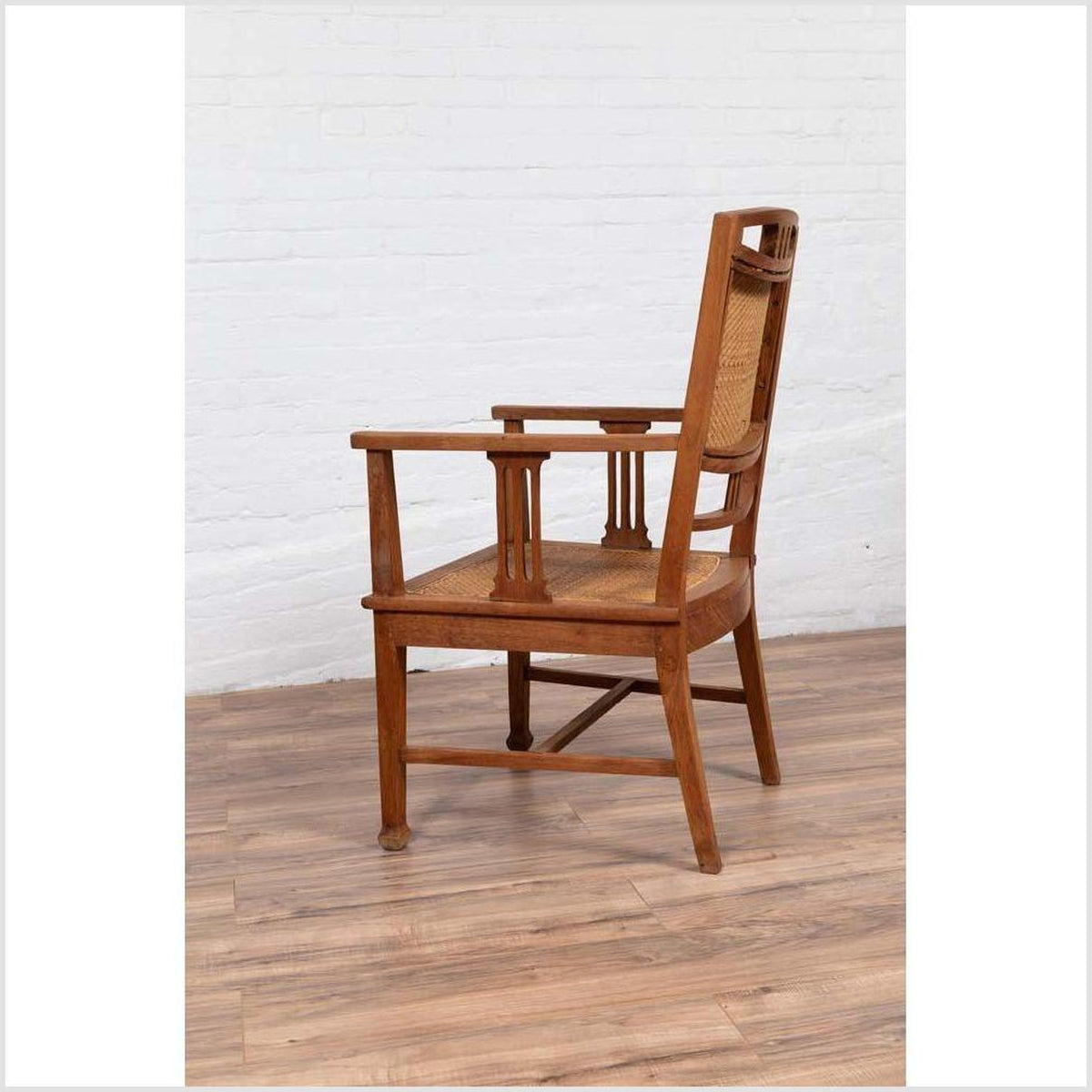 Dutch Colonial Javanese Teak Armchair with Rattan and Triglyph Inspired Motifs-15. Asian & Chinese Furniture, Art, Antiques, Vintage Home Décor for sale at FEA Home