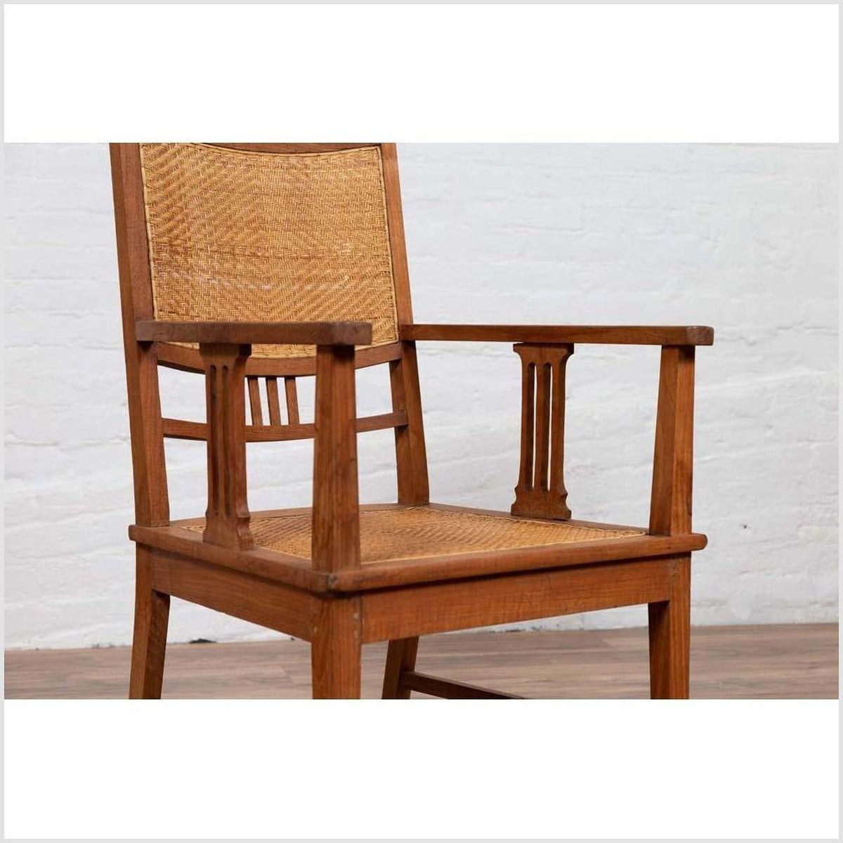 Dutch Colonial Javanese Teak Armchair with Rattan and Triglyph Inspired Motifs-9. Asian & Chinese Furniture, Art, Antiques, Vintage Home Décor for sale at FEA Home
