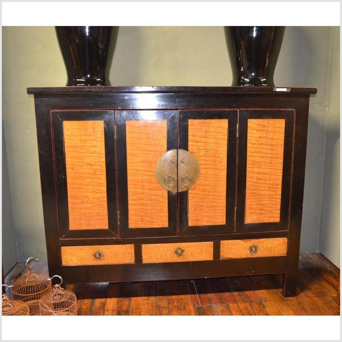 Dynasty Black Lacquer and Burl Wood Cabinet with Accordion Doors-2. Asian & Chinese Furniture, Art, Antiques, Vintage Home Décor for sale at FEA Home