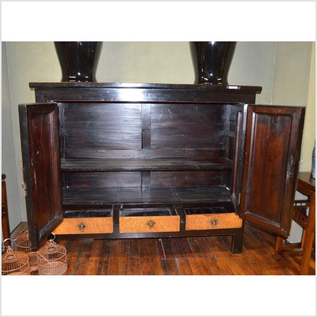 Dynasty Black Lacquer and Burl Wood Cabinet with Accordion Doors-3. Asian & Chinese Furniture, Art, Antiques, Vintage Home Décor for sale at FEA Home