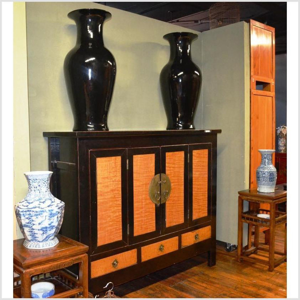 Dynasty Black Lacquer and Burl Wood Cabinet with Accordion Doors-4. Asian & Chinese Furniture, Art, Antiques, Vintage Home Décor for sale at FEA Home