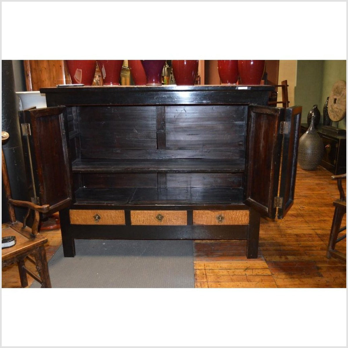 Dynasty Black Lacquer and Burl Wood Cabinet with Accordion Doors-5. Asian & Chinese Furniture, Art, Antiques, Vintage Home Décor for sale at FEA Home