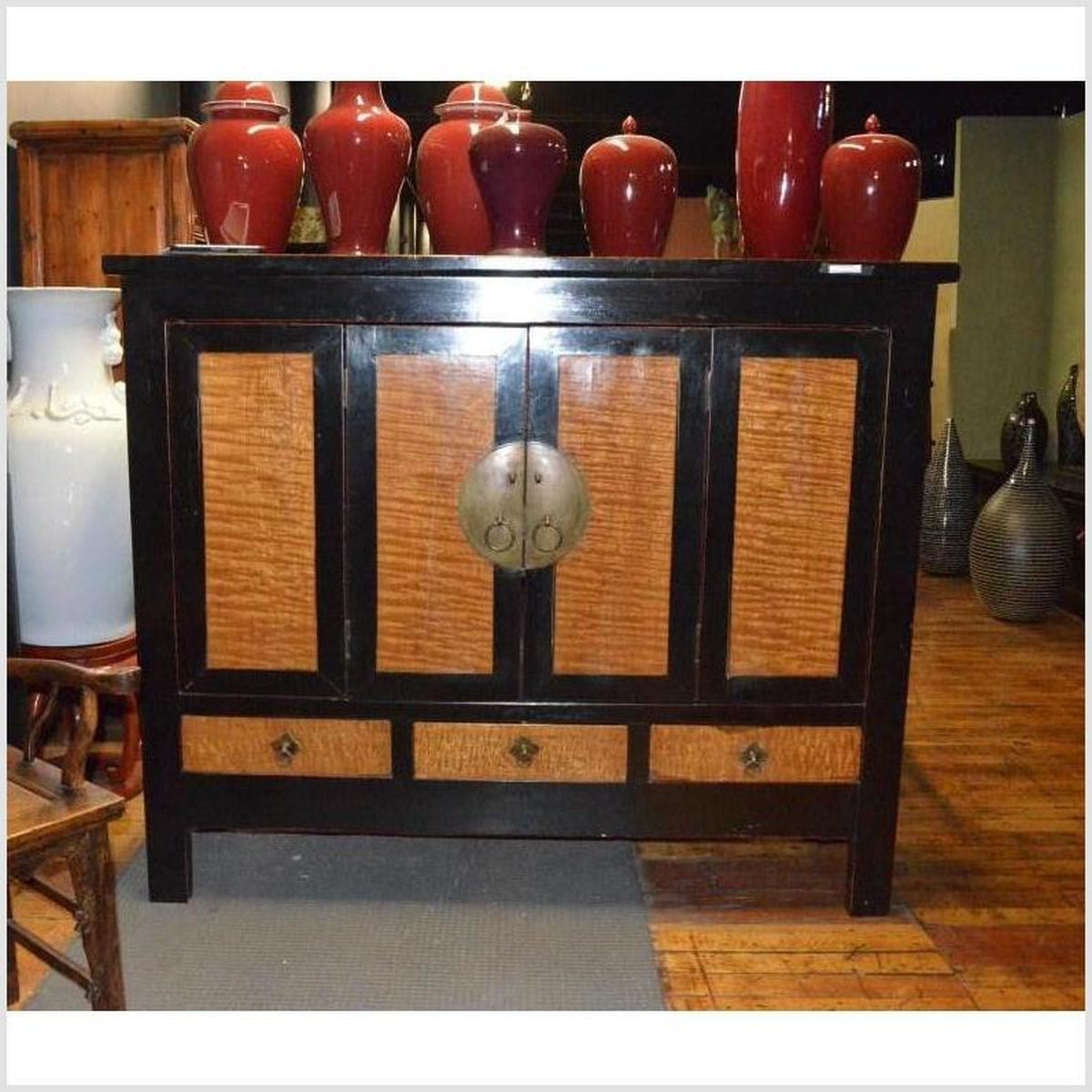 Dynasty Black Lacquer and Burl Wood Cabinet with Accordion Doors-6. Asian & Chinese Furniture, Art, Antiques, Vintage Home Décor for sale at FEA Home
