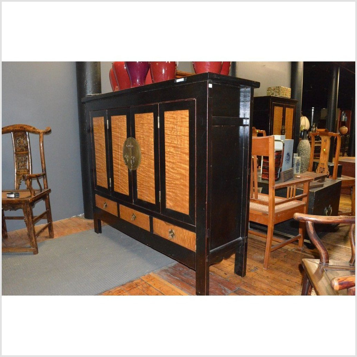 Dynasty Black Lacquer and Burl Wood Cabinet with Accordion Doors-7. Asian & Chinese Furniture, Art, Antiques, Vintage Home Décor for sale at FEA Home
