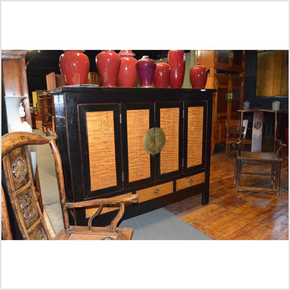 Dynasty Black Lacquer and Burl Wood Cabinet with Accordion Doors-8. Asian & Chinese Furniture, Art, Antiques, Vintage Home Décor for sale at FEA Home