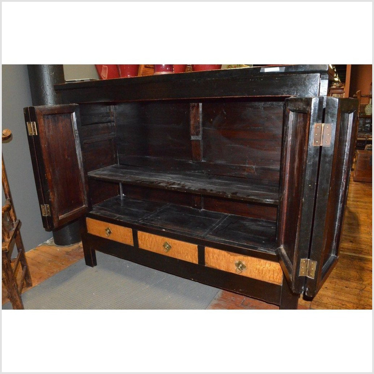 Dynasty Black Lacquer and Burl Wood Cabinet with Accordion Doors-9. Asian & Chinese Furniture, Art, Antiques, Vintage Home Décor for sale at FEA Home