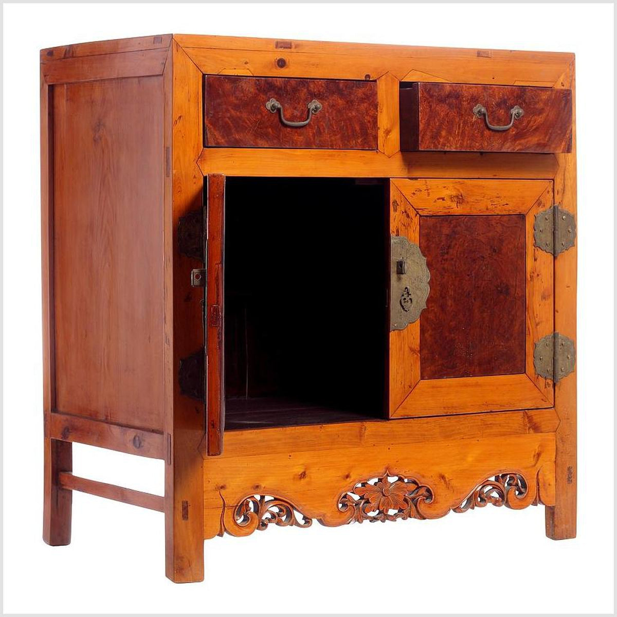 Early 20th Century Chinese Cabinet Made of Elm and Burl Wood with Carved Skirt-3. Asian & Chinese Furniture, Art, Antiques, Vintage Home Décor for sale at FEA Home