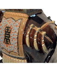 Close-up of a ceramic horse sculpture with ornate saddle beside an earthy-toned Elephant Chinese Garden Stool.