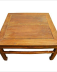 Light elm wood coffee table with refined stretcher and visible grain, 19th-century design.