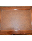 Brown Elmwood stool/table with a rectangular rattan tray with wooden frame, displayed on a wooden surface.