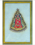 Framed Indian artwork with red, blue, and gold floral patterns and gemstones on white background.