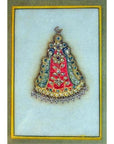 Framed Indian artwork with red, blue, and gold floral patterns and gemstones on white background.