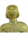 Brown glazed terracotta miniature fertility doll, headless, rear view with smooth rounded shoulders.
