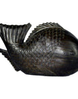 Dark wood hand-carved fish sculpture with detailed scales and fins, in good condition on white background.