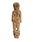 Brown hand-carved wood statue of mother and child in draped clothing, inspired by Indian temples, Gujarat style.