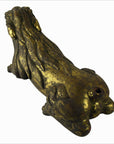 Bronze gold-toned lion sculpture with detailed mane and missing tail, rear view, used condition.