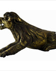 Bronze crouching lion sculpture with detailed fur, open mouth, tail missing, used condition.