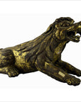 Bronze mythical lion-like creature with detailed fur and missing tail, hand carved, lying down.