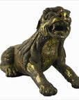 Bronze engraved lion statue with open mouth, sitting and head raised, tail missing, used condition.