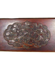 Close-up of 19th-century Chinese red lacquered rosewood wall plaque with central hand-carved bird motif.